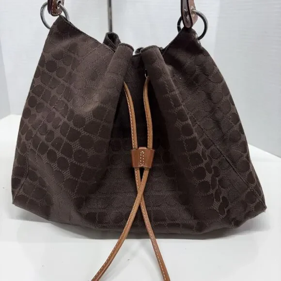 Vintage Kate Spade Brown Canvas Drawstring Bucket Bag Dot Geometric Print - Picture 5 of 13